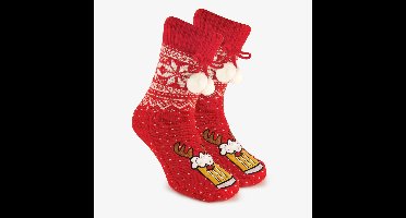 1 paar heren kerst huissokken met bierglas rood - Maat 43/46 - 100% Acryl - Extra zacht