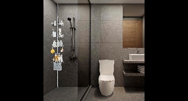 Doucheplank - 4-laags - Telescopische Hoek - Geen Boren - Verstelbare Hoogte - Metaal - Roestvrij staal - Vrijstaand - Driehoekig - Gepolijst - 20D x 26,5B x 265H cm - Grijs