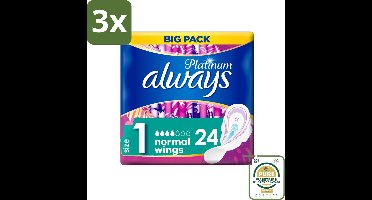 3 x Always Platinum - Maandverband - Maat 1 - Normal Wings - Big Pack - 24 Pads - Grootverpakking - Maandverband - Menstruatie - Bescherming - Comfort - Absorptie