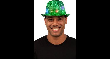 Partychimp Glitter Hoed met LED Licht Carnaval Accessoires voor bij Carnavalskleding Dames Carnavalskleding Heren Verkleedkleren Volwassenen Glitter en Glamour Hoedje Pailetten Trilby Hoed - Polyester - Groen - One Size - Incl. Batterijen