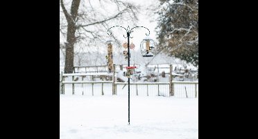 CJ Wildlife Vogelvoederstation met Terrasvoet - Meerdere haken voor o.a. Voedersilo, Vetbolhouder of Pindasilo - Inclusief Voederbakje & Waterschaaltje - Zwart