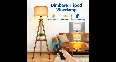 LED Vloerlamp Dimbaar Driepoot Hout met Plank, Afstandsbediening, 4 Kleurtemperaturen, 1-Uur Timerfunctie, Statief Staande Lamp met Beige Lampenkap voor Woonkamer, Slaapkamer, Kantoor (Bruin)