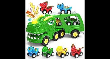 ENJSD Dinosaurus speelgoed voor 1, 2, 3, 4 jaar oud, jongens, meisjes, 5-in-1, dinosaurussen, vrachtwagenspeelgoed voor jongens van 3-5 jaar met brullend geluid en verlichting, wrijvingsaangedreven