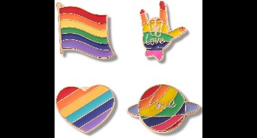 Regenboog Pride Pins – Set van 4 | Inclusief Regenboogvlag, Love Handgebaar, Regenbooghart & Planeet “Love”