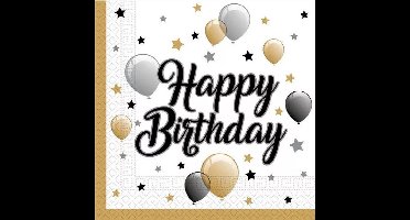 40 Servetten Happy Birthday met ballonnen en sterren - Wit - Zwart - Zilver - Goud - 33 x 33 cm - 2-Laags - Decorata Party