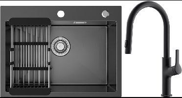 Sofetiy MAX Spoelbak Keuken 60x45cm - Spoelbak Keuken met Kraangat - Spoelbakken Keuken Met Keukenkraan met 2 straalsoorten - Spoelbak met Afdruipgedeelte - Antraciet
