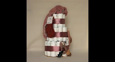 Luiertaart - meisje roze - Pampers luiers - kraamcadeau baby - babyshower cadeau - knuffeldoek konijn - bijtring - rammelaar - sokjes