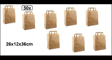 50x Papieren tas 26x12x36cm bruin kraft met platte handgreep - tas papier draagtas food tas