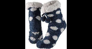 Apollo Huissokken/slofsokken - blauw met witte stippen - dames - anti-slip - fleece - one size - Slaapsokken/bedsokken