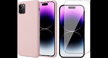 Hoesje geschikt voor iPhone 14 Pro - Matte Back Cover Microvezel Siliconen Case Hoes Roze - Tempered Glass Screenprotector