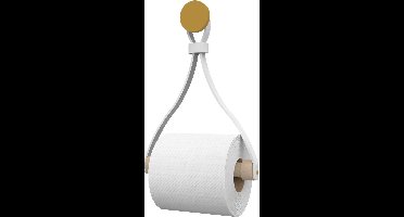 Leren toiletrolhouder 'Triangle' - met Zuignap én schroef - Handles and more® | WIT - roldrager: Rondhout - knop: Goud