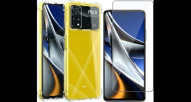 Hoesje geschikt voor Xiaomi Poco X4 Pro - Anti Shock Proof Siliconen Back Cover Case Hoes Transparant - Tempered Glass Screenprotector