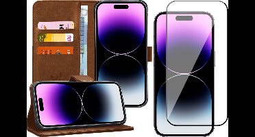Hoesje geschikt voor iPhone 14 Pro - Book Case Kunstleer Wallet Cover Portemonnee Pasjeshouder Hoes Bruin - Full Tempered Glass Screenprotector