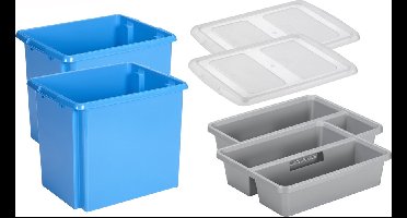 Sunware - Set van 2x opslagbox kunststof 45 liter blauw 45 x 36 x 36 cm met deksel en organiser tray