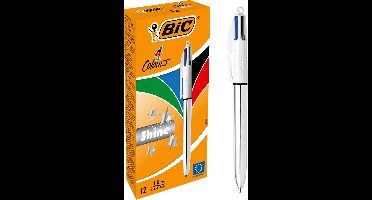 BIC 4 Colours Shine Balpennen met Kliksysteem - Metallic Zilveren Lichaam - Doos van 12 Stuks - Medium Punt 1 mm