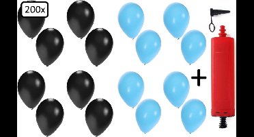 200x Ballonnen zwart en lichtblauw + ballonpomp - Ballon carnaval festival feest party verjaardag landen helium lucht thema