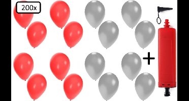 200x Ballonnen rood en zilver + ballonpomp - Ballon carnaval festival feest party verjaardag landen helium lucht thema