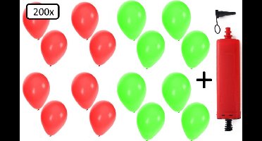 200x Ballonnen rood en groen + ballonpomp - Ballon carnaval festival feest party verjaardag landen helium lucht thema