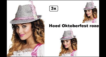 3x Dames Tiroler hoed grijs/roze jagershoedje Oktoberfest hoedje met veer en groene band lederhosen Tirol grijze bierfeest