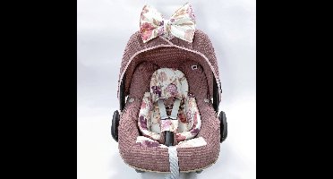 Wazzhappening - Autostoelhoes set Aquarel - mauve - wafel - bloemen - roze tinten - geschikt voor Maxi Cosi Pebble Pro