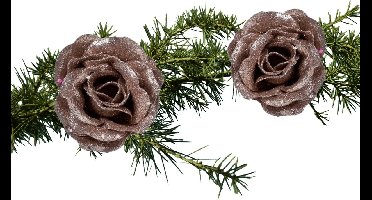 Kerstboom bloemen op clip - 2x stuks - oudroze glitter - kunststof -7 cm