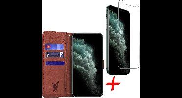 Hoesje geschikt voor iPhone 11 Pro - Screen Protector GlassGuard - Book Case Kunstleer Pasjeshouder Bruin & Screenprotector