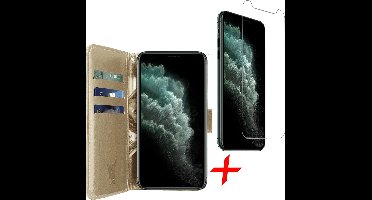 Hoesje geschikt voor iPhone 11 Pro - Screen Protector GlassGuard - Book Case Kunstleer Pasjeshouder Goud & Screenprotector