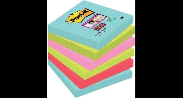 Post-it® Super Sticky Notes, Kleurenset Miami, 2x Aquawave, 2x Neon groen, 1x Neon Rose, 1x Poppy, 76 mm x 76 mm, 90 blaadjes