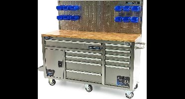 HBM verrijdbare werkbank 158 cm RVS met 10 laden, deur en achterwand