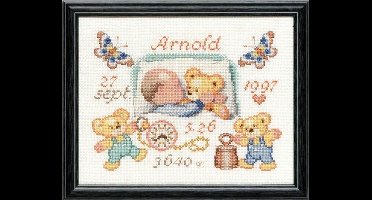 Pako Borduurpakket geboorte- tel patroon met codekaart- Baby met teddybeertjes geboortetegel- 225.291 - voorgesorteerd garen- Aida - 23 x 27 cm - DIY kit
