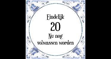 Verjaardag Tegeltje met Spreuk (20 jaar: Eindelijk 20! nu nog volwassen worden! + cadeau verpakking & plakhanger