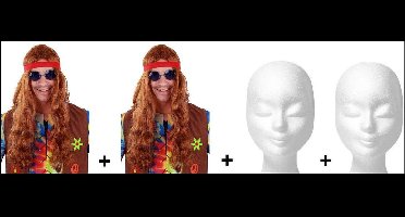 2x Pruik lang haar bruin met hoofdbandje  +2x pruikenhouders