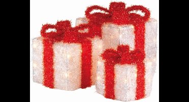 Lametta cadeau set van 3 met LED verlichting - wit rood