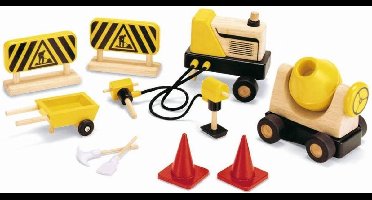Houten Speelgoed Wegwerkers Materieel Pintoy - Met borden en kruiwagen
