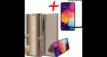 Hoesje geschikt voor Samsung Galaxy A50 - Screen Protector FullGuard - Book Case Spiegel Goud & Screenprotector