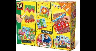 SES Creative - Ik leer knippen, mozaïeken en prikken - 3-in-1 - knip set met veilige schaar, prik set en mozaïek set - knutselpakket - speelgoed 3 jaar