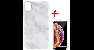Marmer Hoesje geschikt voor Apple iPhone Xs / X Siliconen TPU Soft Gel Case Wit + Tempered Glass Screenprotector van iCall