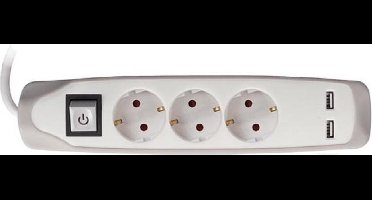 Perel Stekkerdoos met schakelaar, 3 stopcontacten met randaarde (Schuko, type F), 2 USB-poorten, kabel 1.5 m, 3G1.5, gebruik binnenshuis, wit