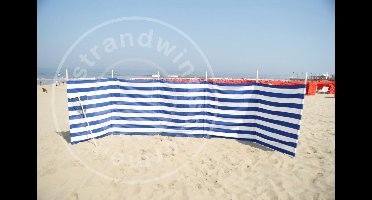 Strand Windscherm 6 meter dralon kobalt blauw/wit met houten stokken