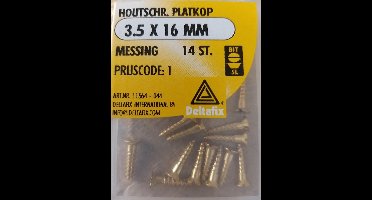 Houtschroeven. 3.5 x 16mm. lang. Messing. Platkop. Gleufkop. 14 Stuks Koper kleurige. schroeven. Deltafix.