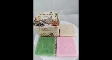 Metalen zeepblik vierkant met opdruk Marseille met 3 gastenzeepjes - Vintage voorraadblik - Franse handzeep - Marseille zeep Marseillezeep