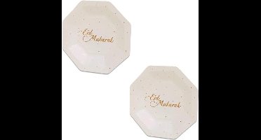 8x stuks Ramadan Mubarak thema bordjes wit/goud 18 cm - Suikerfeest/Offerfeest decoraties