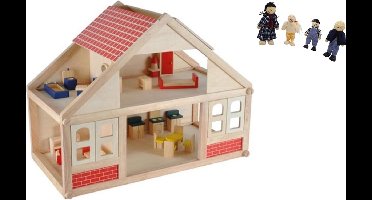 Playwood houten poppenhuis inclusief 25 meubeltjes en 4 buigpoppen