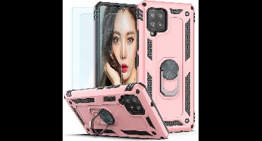 Hoesje Geschikt Voor Samsung Galaxy A42 5G Hoesje Armor case Ringhouder TPU cover - Rose Goud met 2 pack screenprotector