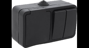 Q-LINK - Wandcontactdoos - Opbouw - 1-voudig Stopcontact - Dubbel Serieschakelaar - Spatwaterdicht IP54 - Randaarde - Kinderbeveiliging - Mat Zwart