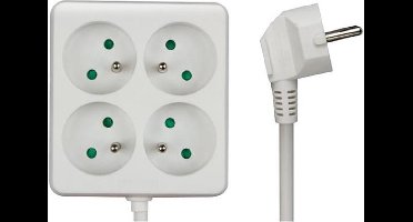 Perel Stekkerdoos, 4 stopcontacten met penaarde (type E), kabel 1.5 m, 3G1.5, gebruik binnenshuis, vierkant, wit