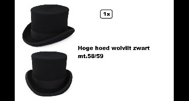 Luxe hoge hoed wolvilt zwart mt 58/59 - Thema feest carnaval party festival evenement