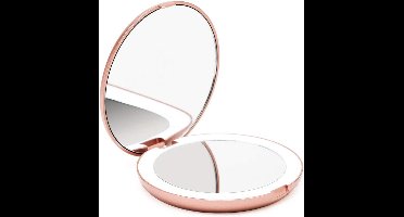 LED verlichte compacte Make-up Spiegel voor op Reis, 1X/ 10X vergroting – Daglicht LED, Draagbaar, Grote 127mm brede Reisspiegel met Licht, Zijdewit - Lumi (Rose Goud)