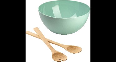 Salade/fruit serveer schaal - mint - kunststof - Dia 28 cm - met bamboe Sla couvert/bestek van 30 cm