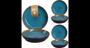 Palmer - Lotus - Bord diep - Pastabord - 6 stuks - ø 21 cm - Turquoise/Zwart - Stoneware - Bordenset